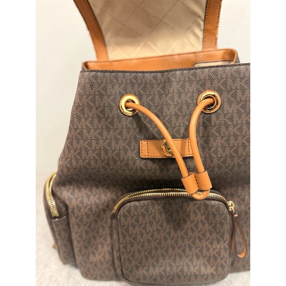 Michael Kors Abbey Signature MK Brown Leather Flap Backpack Rucksack